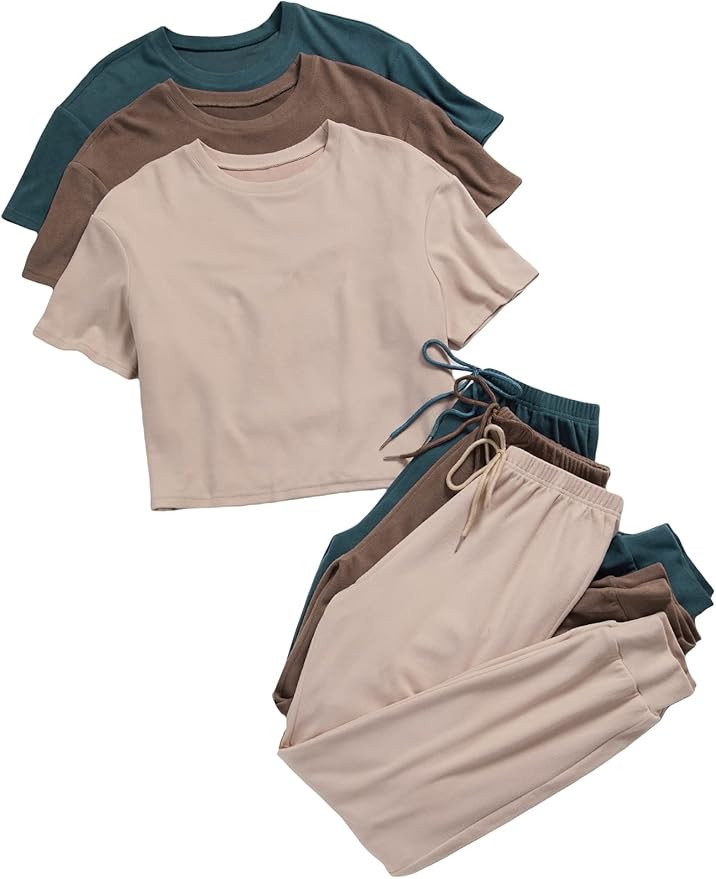 Floerns Women's 6 Piece Sleepwear Short Sleeve Tee Tie Front Pants Lounge Set | Amazon (US)