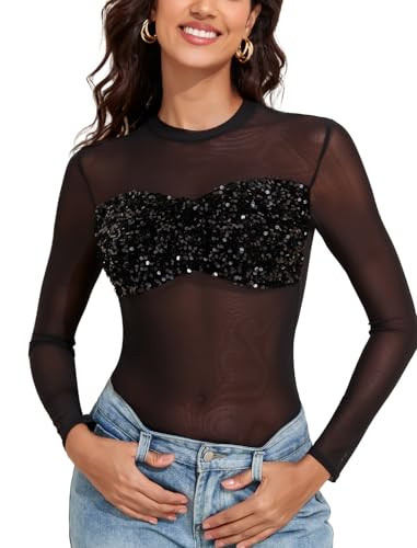 YYA Women's Mesh Long Sleeve Top Sparkling Sequin Chest Sheer Blouse Glitter See Through Party Sh... | Amazon (US)
