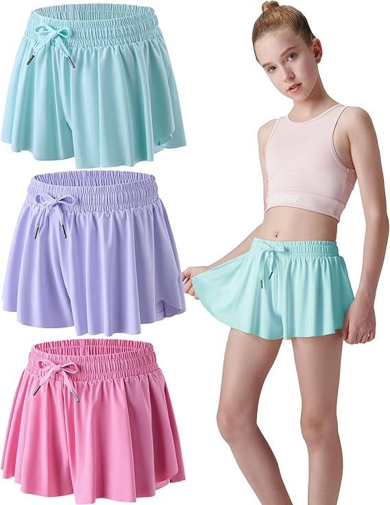 3 Pack Girls Flowy Shorts with Spandex Liner 2-in-1 Youth Butterfly Skirts for Fitness, Running, ... | Amazon (US)