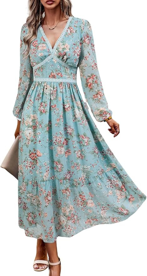 Women's Spring Wrap Maxi Dress Floral V Neck Long Sleeve Wedding Guest Party Casual Chiffon Dress | Amazon (US)