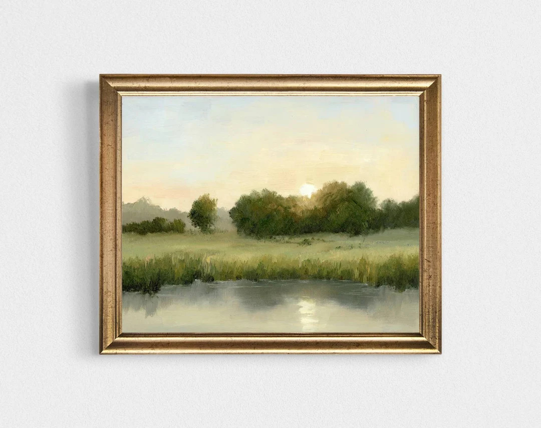 Sunset Field Oil Painting Print Neutral Countryside Landscape Small River Wall Art Farmhouse Wall... | Etsy (US)