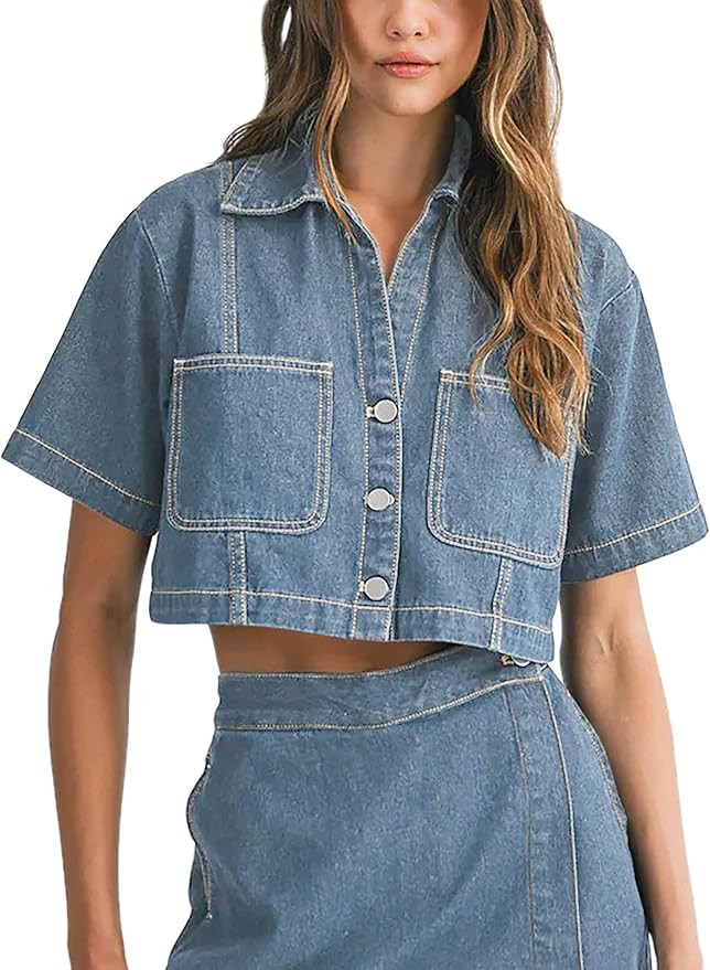 Women's Denim Top, Short Sleeve Cropped Denim Jacket Button Down Casual Jean Jacket Shirt with Po... | Amazon (US)