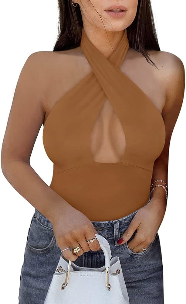 REORIA Women's Sexy Criss Cross Halter Neck Sleeveless Thong Bodysuits Tops Clubwear | Amazon (US)
