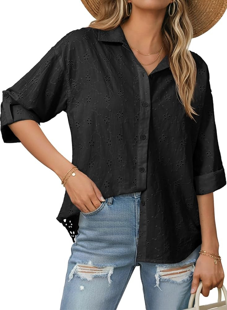 Dokotoo Womens Summer Tops Casual Button Down Long Sleeve Shirts for Women Loose Soft Cotton Holl... | Amazon (US)
