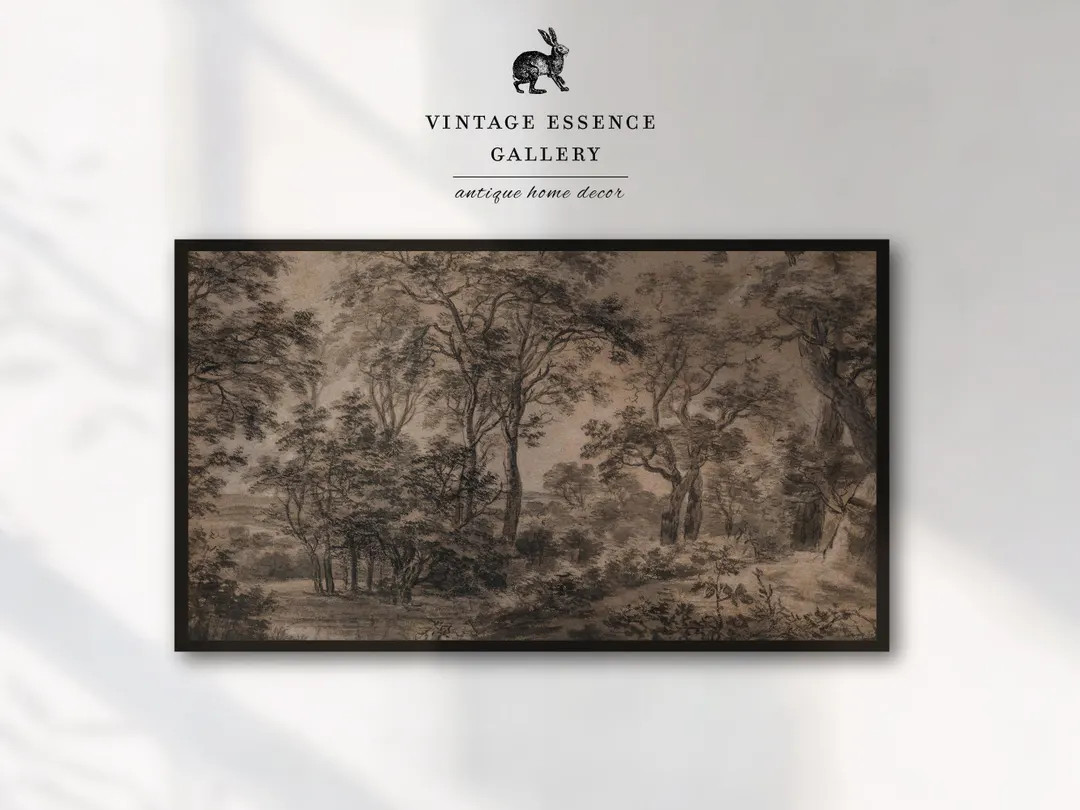 Dark Moody Samsung Frame TV Art Fall Vintage Wooden Landscape Antique Charcoal Drawing Sketch Cot... | Etsy (US)