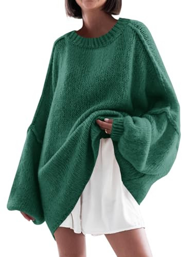 Saodimallsu Womens Oversized Sweater Chunky Crew Neck Long Lantern Sleeve Knit Fall Trendy Tunic Sweaters Top Green | Amazon (US)