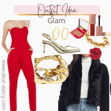 Glam outfit idea♥️

Perfect for when you need to dress up✔️ Girls night, date night, cocktails and cute for Valentine’s Day! 
Great for a evening wedding as well.

A touch of the new trend #mobwife

Faux fur black jacket 
Red jumpsuit , strapless

Gold metallic bag and heel

Julie Vos link bracelet 

Valentino lip and powder… because will look at those fab cases! (The make up is great too💋♥️ 



#LTKparties #LTKstyletip #LTKGiftGuide