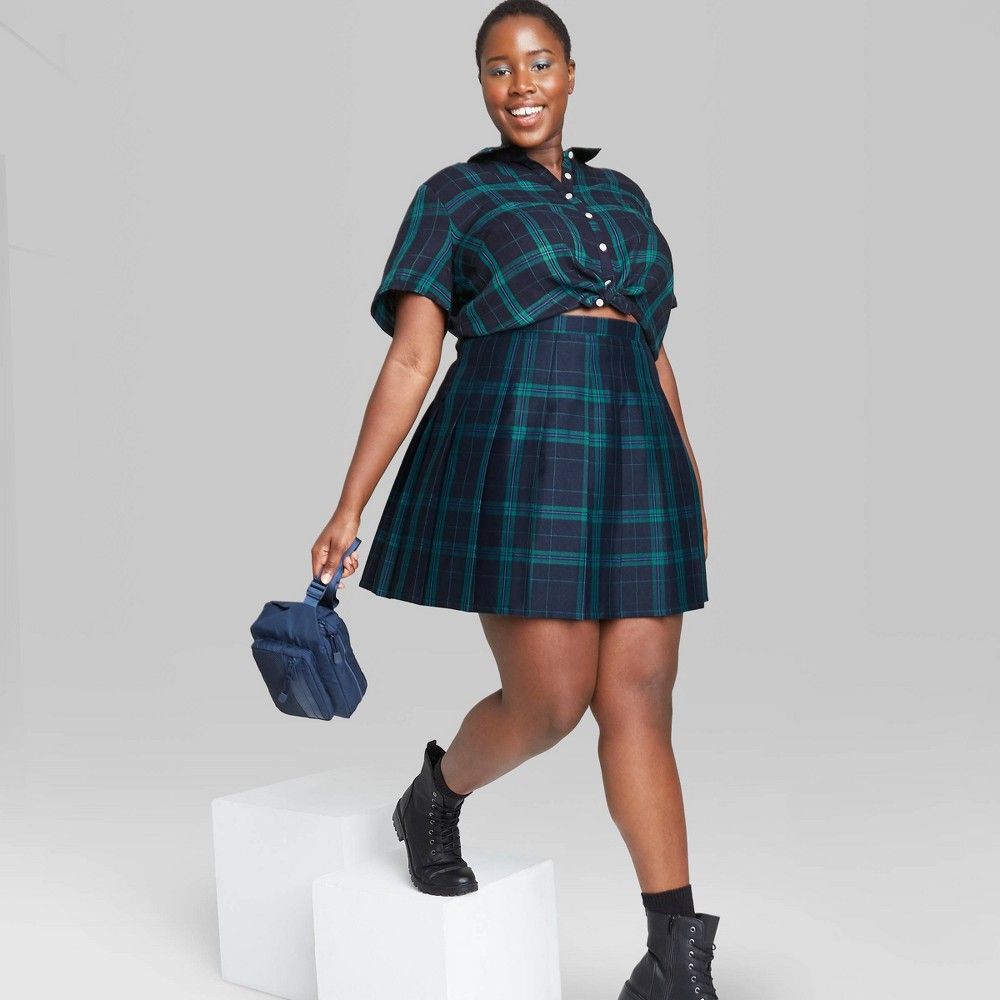 Women's Plus Size Woven Tennis Mini A-Line Skirt - Wild Fable Navy Plaid 4X, Blue Plaid | Target