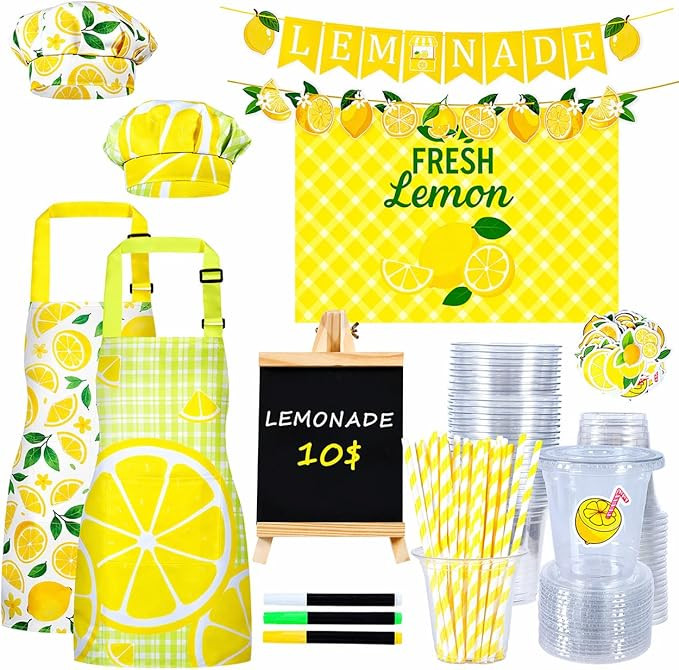 Lemonade Stand Supplies Set, 50 Cups with Lids and Straws, 2 Kids Lemon Aprons with Hats, Blackbo... | Amazon (US)