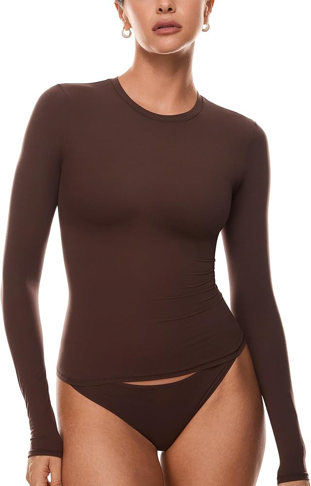 INLYRIC Women's Long Sleeve T-Shirts Crew Neck Basic Fitted Slim Crop Tops Going Out Trendy Tops ... | Amazon (US)