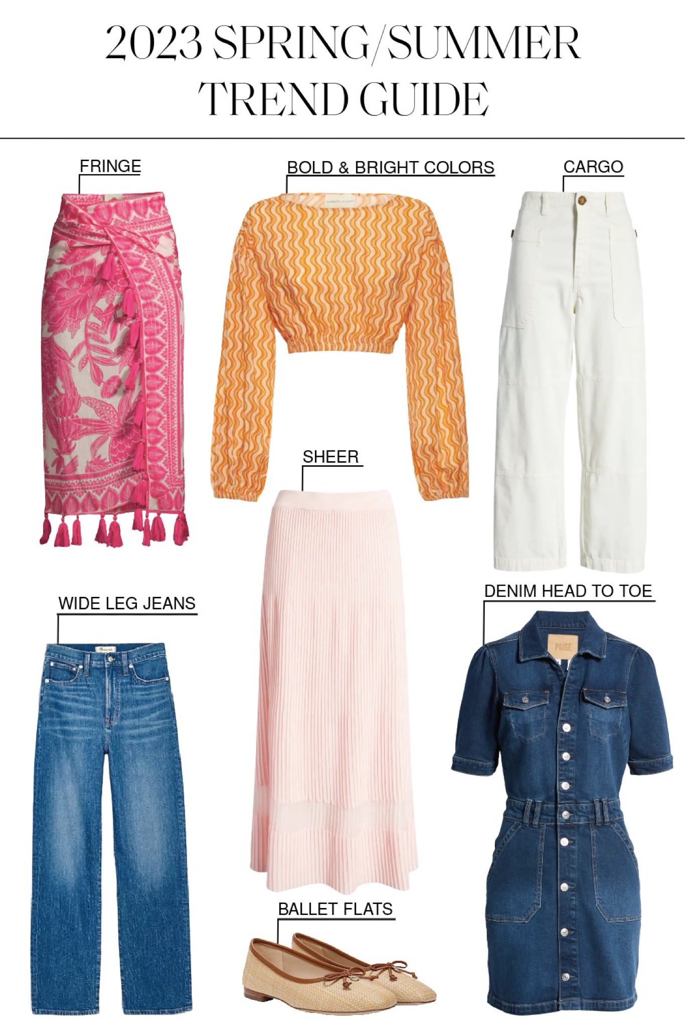 What’s trending this season! ✨ I’m breaking down the spring/summer 2023 fashion trends in detail on NatalieYerger.com, but all of these are on their way in. Wide leg jeans, head to toe denim, sheer, bright colors, fringe, cargo details, and ballet flats.

#LTKstyletip #LTKSeasonal #LTKFind