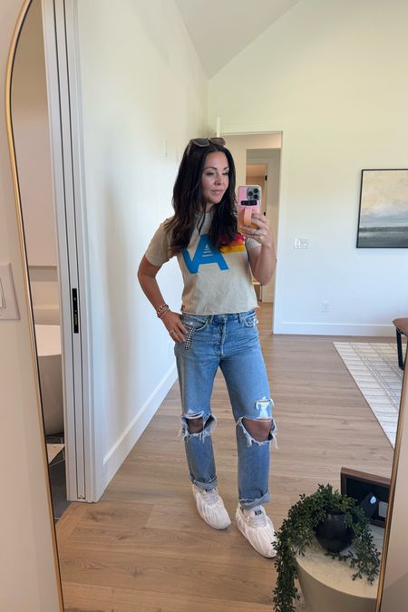 Touring a few parade of homes today’s. Comfy casual mom look with my retro 70s T shirt and ripped jeans. This is the most I’ve ever spent on jeans but I love them going on 3 years. I linked a look for less option too. 
Golden goose sneakers linked too 
Sunglasses under $15
Amazon finds 
Amazon fashion 