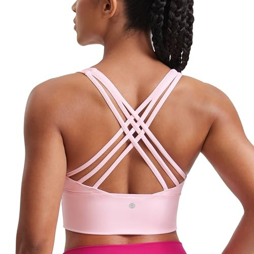 CRZ YOGA Naked Feeling Criss Cross Longline Sports Bras for Women - Wirefree Padded Strappy Yoga Cropped Tops Strawberry Pink X-Large | Amazon (US)