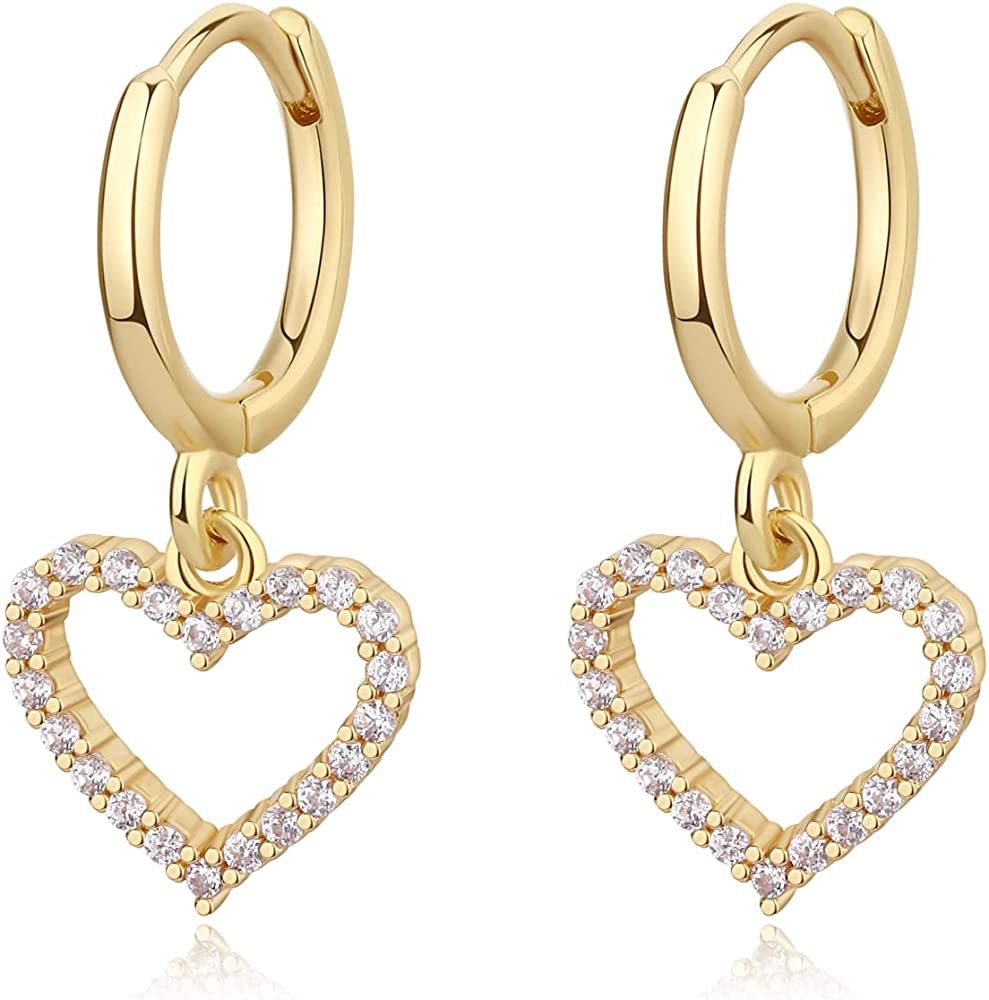 Gold Mini Dangle Huggie Earrings for Women, Dainty 14K Gold Plated Cubic Zirconia Small Hoop Earr... | Amazon (US)