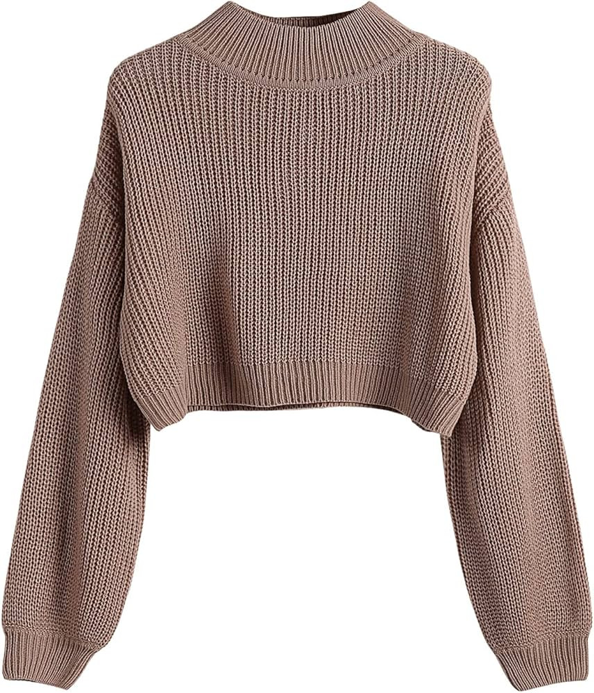 SweatyRocks Women's Long Sleeve High Neck Drop Shoulder Pullover Sweater Ribbed Knit Crop Top | Amazon (US)