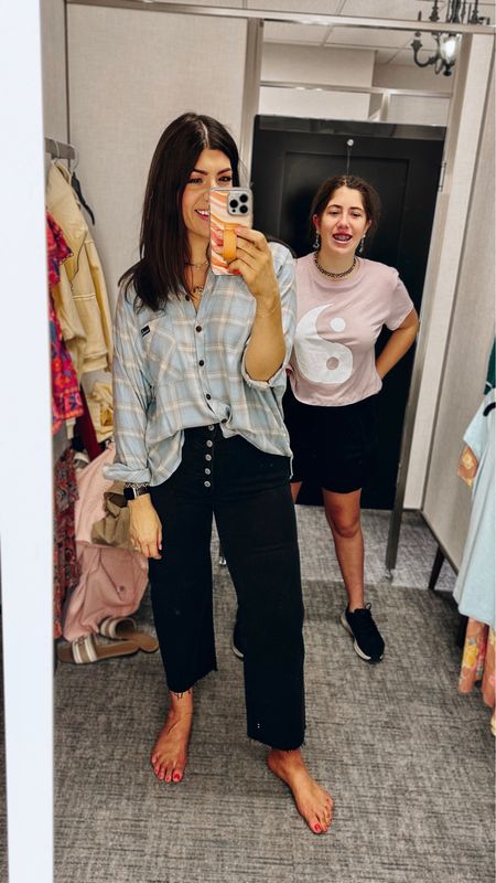 Oversized plaid top- small (size down in this)
Button front black denim -29 
Lily is wearing a small on the t shirt)

#LTKsalealert #LTKFind #LTKxNSale