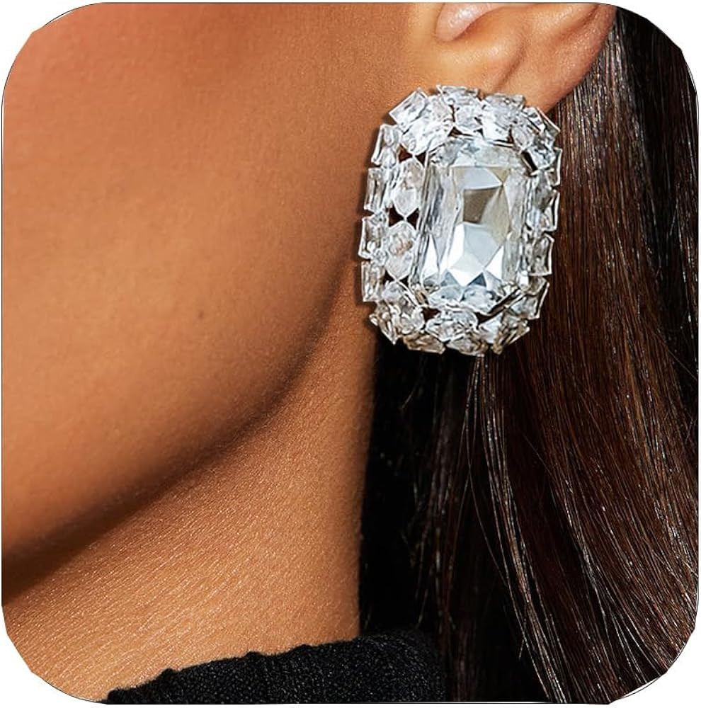Silver Earrings for Women - Sparkly Crystal Clip On Earrings Statement Rhinestone Wedding Earring... | Amazon (US)