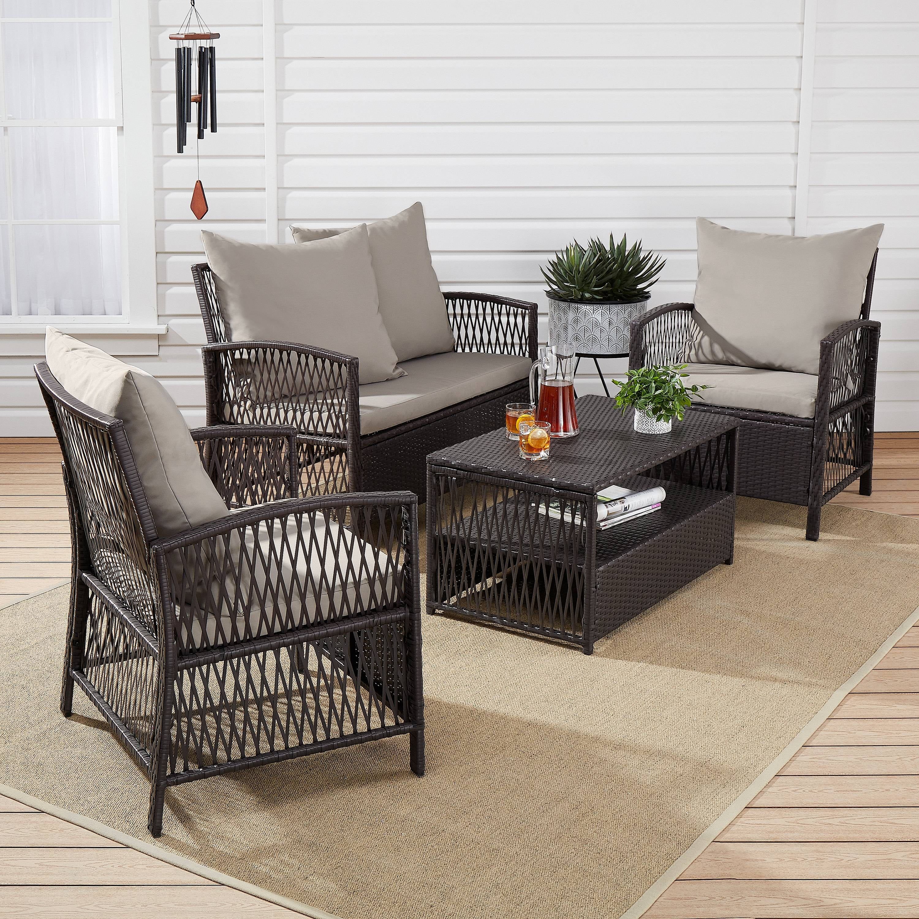 Mainstays Sanza Rattan 4-Piece Wicker Patio Furniture Conversation Set, Beige | Walmart (US)