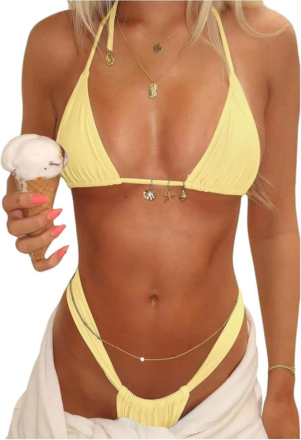 MakeMeChic Women's Triangle Thong Bikini Sets Halter String High Cut Micro Swimsuit Bathing Suit | Amazon (US)