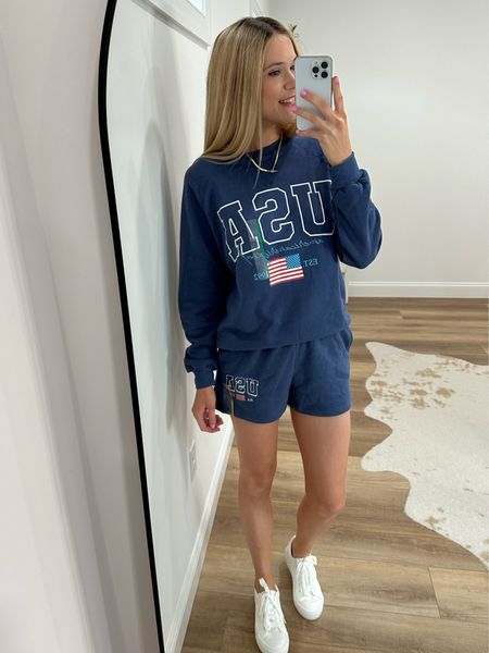 Target fashion. Summer outfit. 4th of July outfit. Wearing med in sweatshirt and small in shorts. White sneakers. Summer vacation. Lounge outfit. Travel outfit 

#LTKFindsUnder50 #LTKSaleAlert #LTKFindsUnder100
