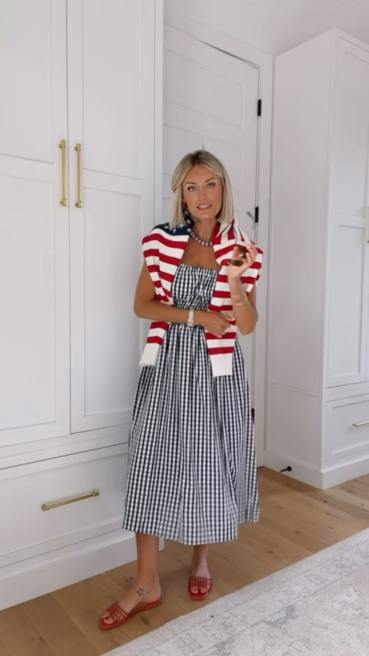 Another Amazon dress that I’m so impressed with! Love this navy & white gingham dress! The smocking is super flattering! I also draped my favorite Americana sweater from this year over my shoulders! Wearing S!

Loverly Grey, Amazon, midi dress, July 4th outfit inspo 

#LTKSeasonal