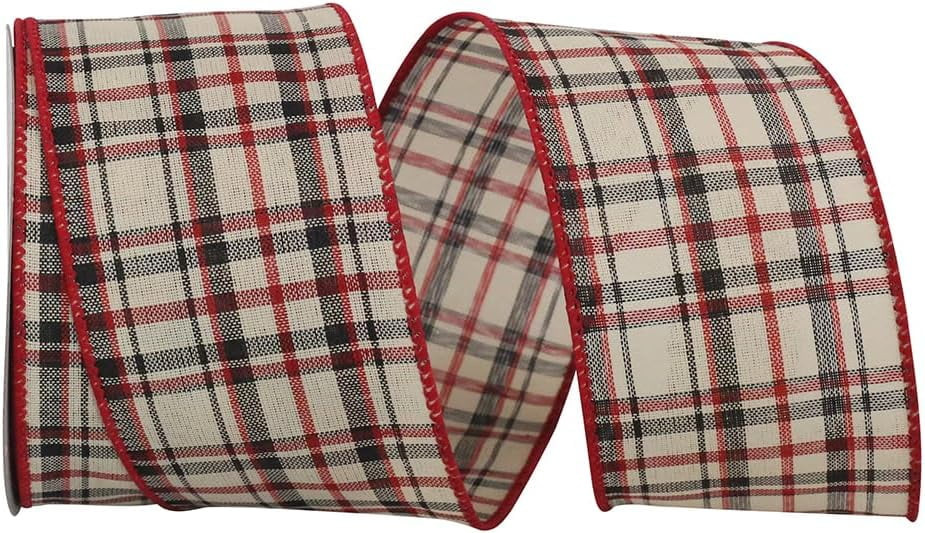 Wire Edged Athens Lauren Plaid Cream, Red and Black Ribbon 2 1/2" 10 Yards | Walmart (US)
