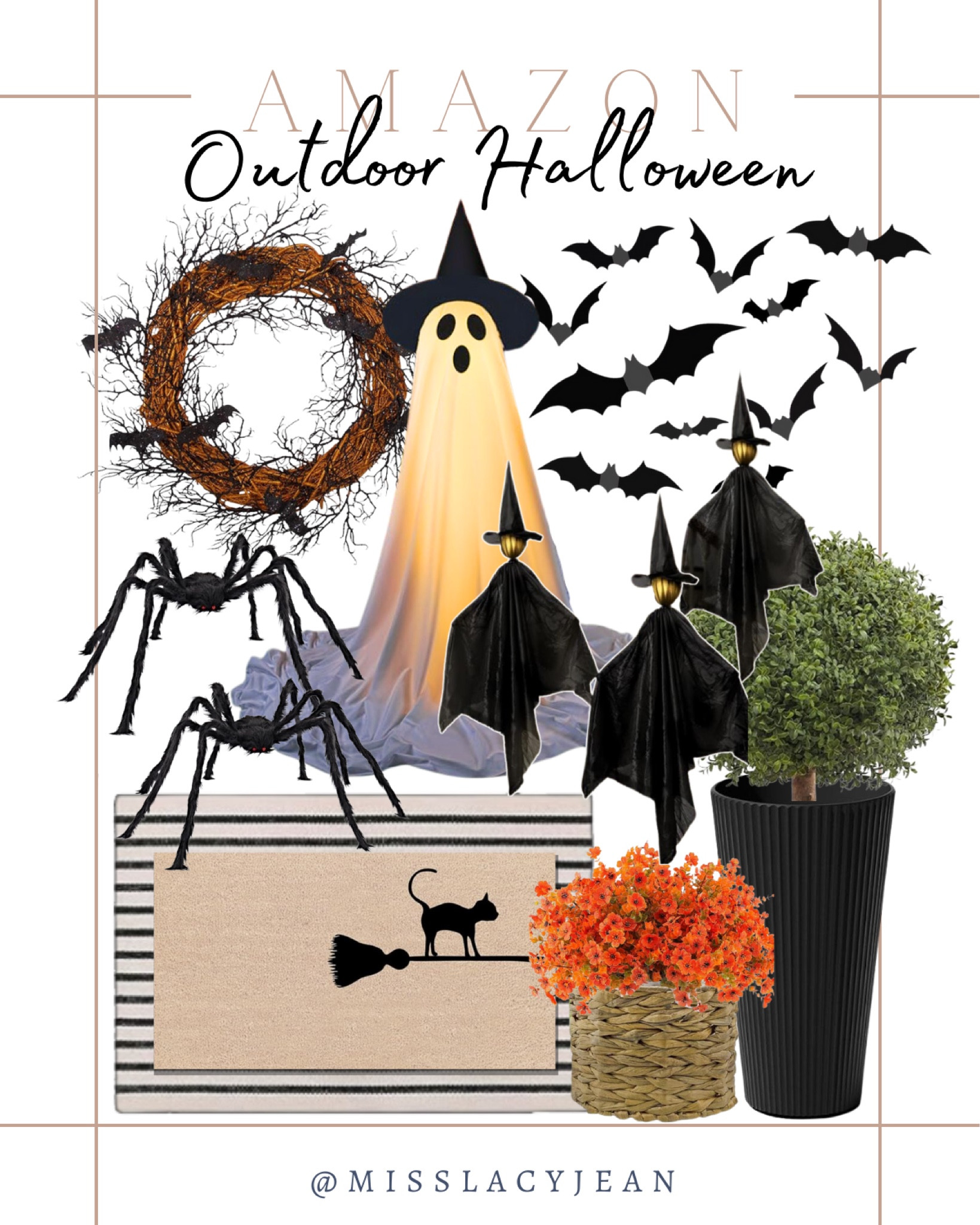 Outdoor Halloween decor includes bars, light up ghost, faux mums, faux plant, planters, outdoor rug, doormat, spider decor, witch decor, Halloween wreath.

Home decor, porch decor, Halloween decor, outdoor Halloween finds

#LTKFindsUnder100 #LTKHalloween #LTKHome