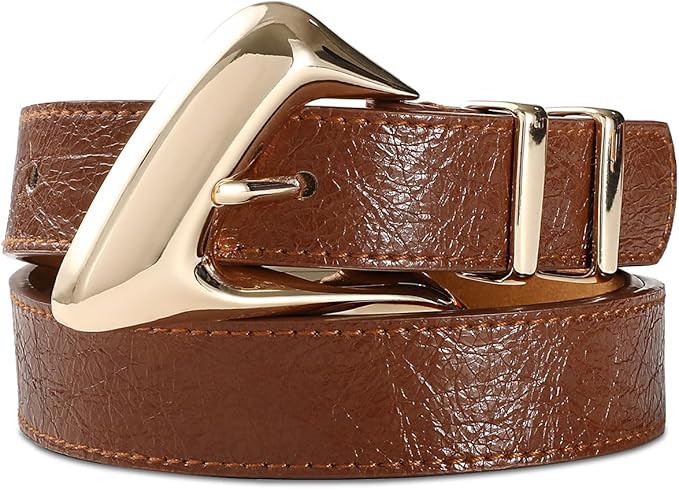 Women's Brown Belt Trend Belt with Gold Buckle Fashion Leather Waist Belt for Jeans Pants | Amazon (US)