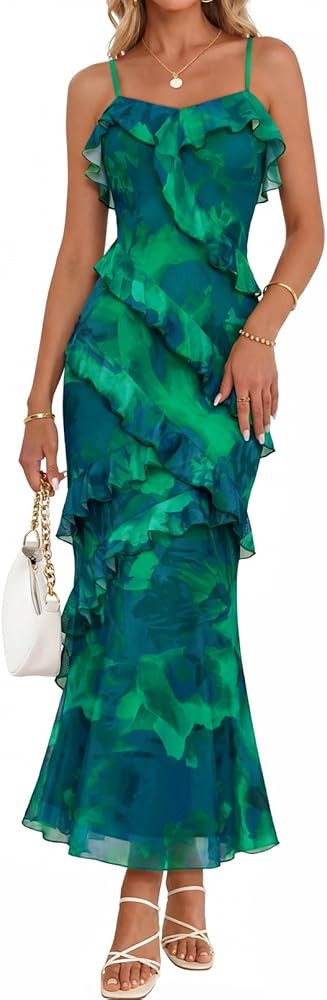 MEROKEETY Spring Summer Floral Wedding Guest Maxi Dress Womens 2026 Formal Bodycon Ruffle Spaghet... | Amazon (US)