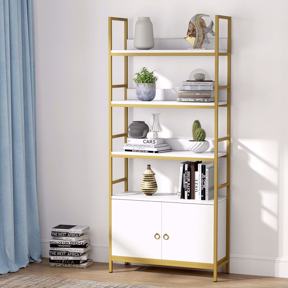 Tribesigns Gold Bookcase with Doors, 4-Tier White Etagere Standard Bookshelf with Storage Cabinet... | Walmart (US)