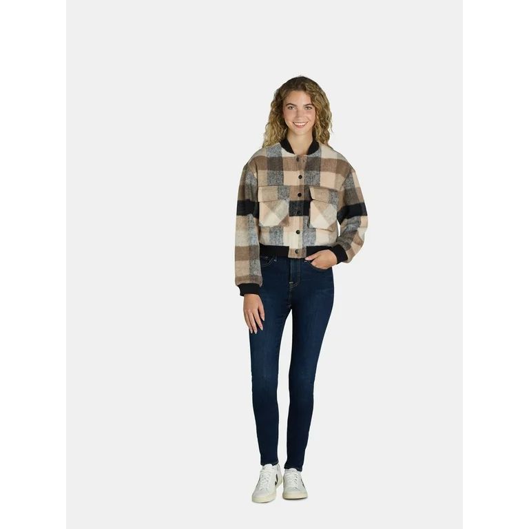 Madden NYC Juniors Plaid Cargo Bomber Jacket, Sizes XXS-XXL | Walmart (US)