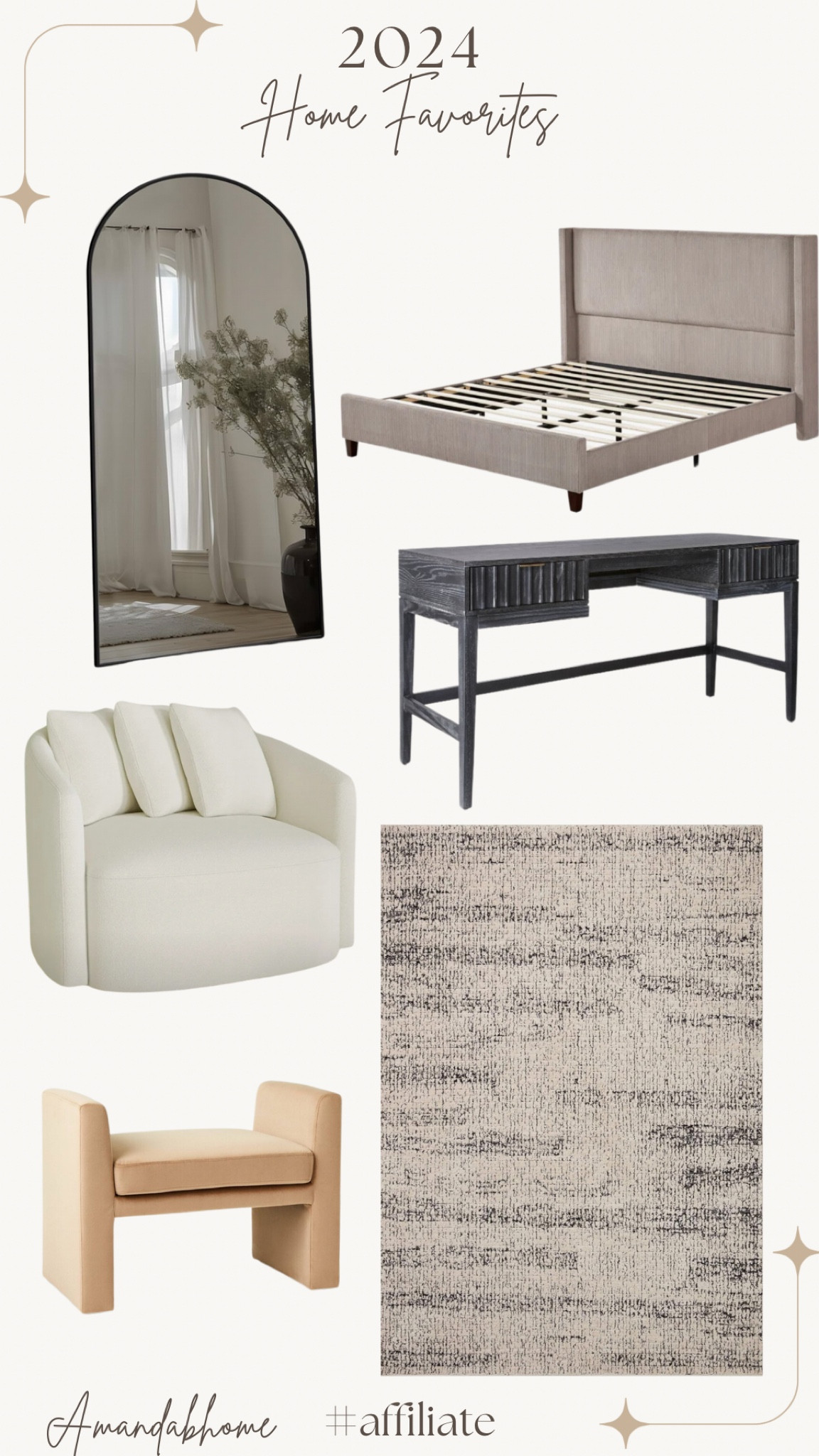 2024 home favorites 

Area rug, desk, swivel chair, ottoman, floor mirror, bed frame


#LTKHome