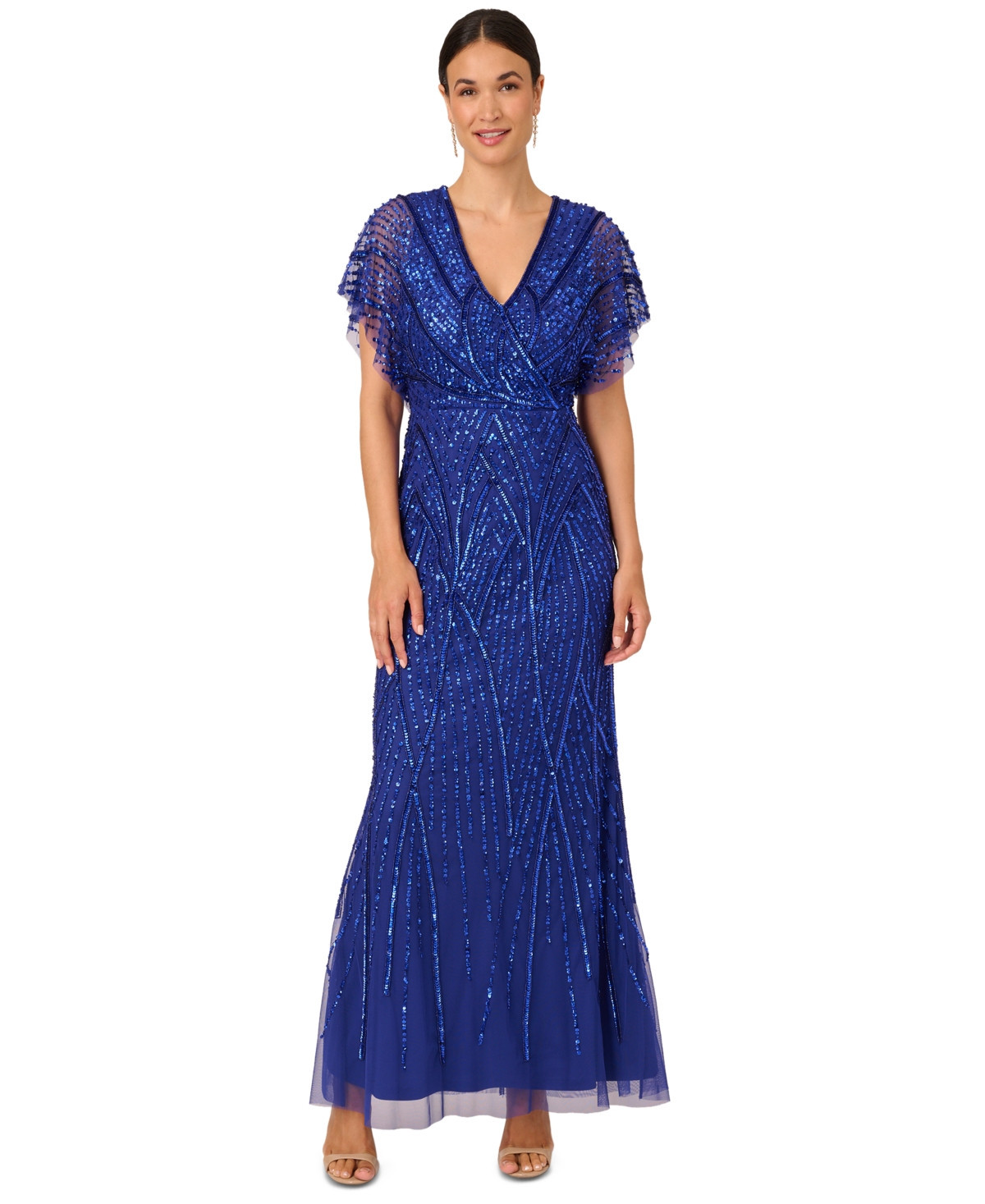 Adrianna Papell Women's Embellished Flutter-Sleeve Gown - Ultra Blue | Macy's