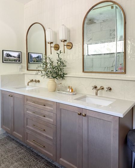 Neutral primary bathroom decor 🤍 My sconces are no longer available but linked the most similar I’ve found!

arch mirrors, champagne bronze. Target new releases, Studio McGee

#LTKfindsunder50 #LTKstyletip #LTKhome