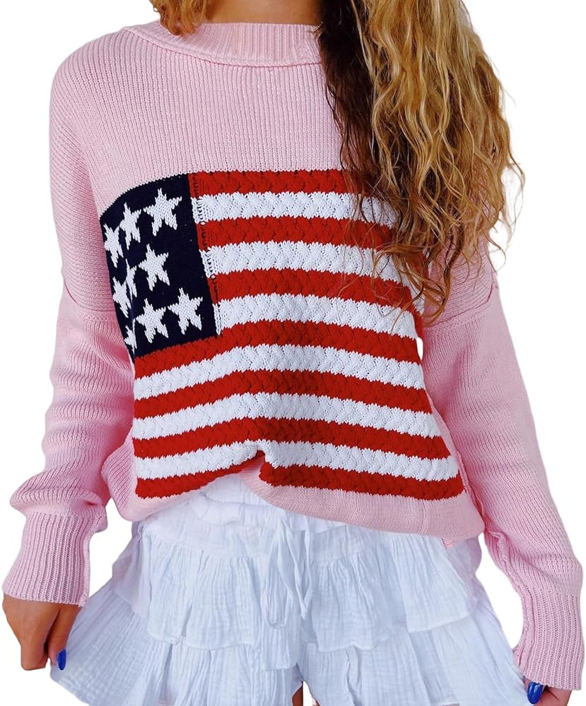 Women's American Flag Graphic Sweater Vintage Loose Hollow Out 4th of July Jumper Summer USA Flag... | Amazon (US)