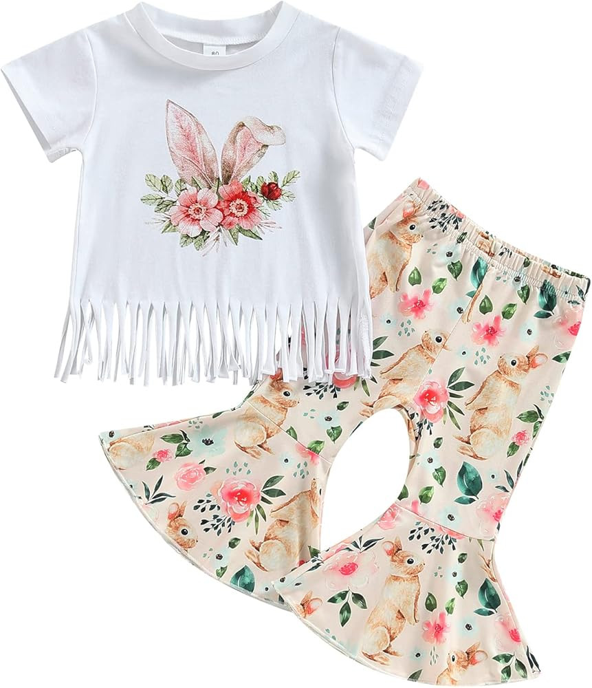 wybzd Toddler Baby Girl Easter Outfit Bunny Rabbit Short Sleeve T-shirt Tops Bell-Bottom Flared P... | Amazon (US)