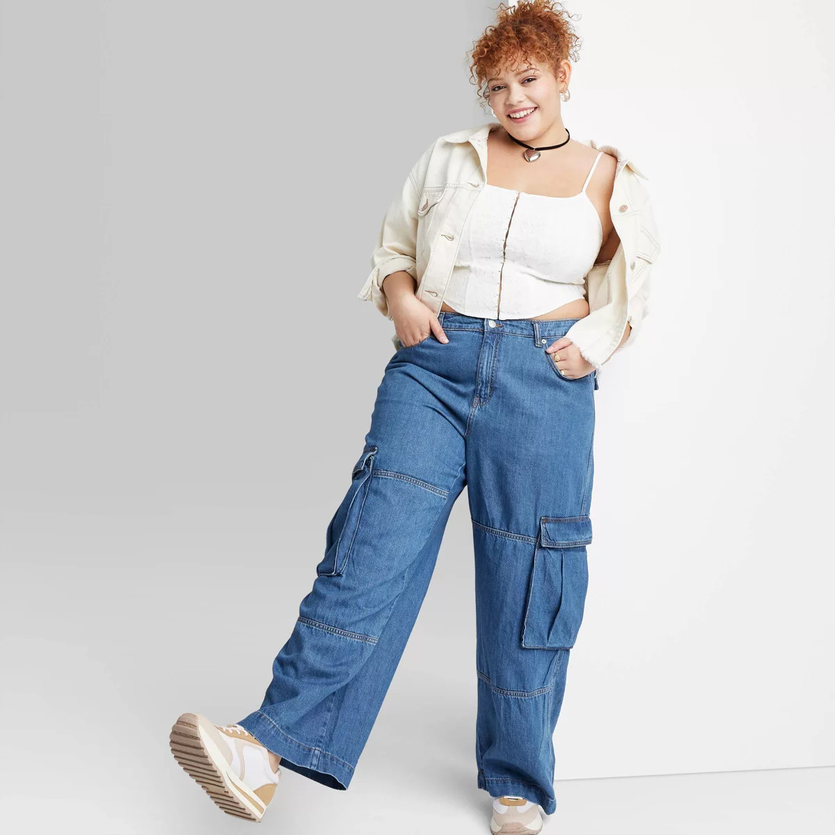 Women's Mid-Rise Cargo Baggy Wide Leg Utility Jeans - Wild Fable™ Medium Wash | Target