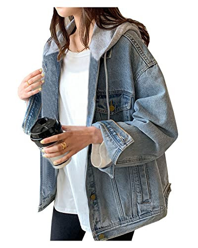 LifeShe Women's denim jacket with hood oversized distressed jean jackets hoodies | Amazon (US)