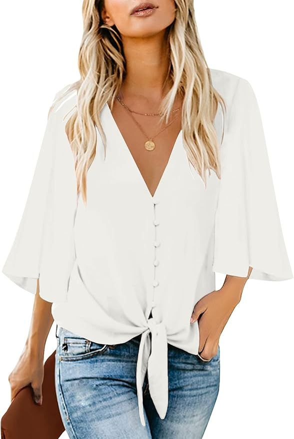 luvamia Women's Casual V Neck Tops 3/4 Sleeve Tie Knot Blouses Solid Button Down Shirts | Amazon (US)