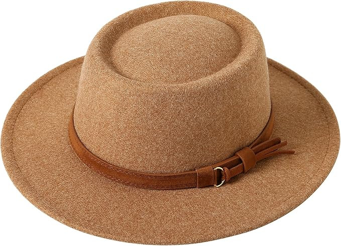 Lanzom Women Retro Felt Panama Hat with Belt Buckle Wool Wide Brim Fedora Hat | Amazon (US)