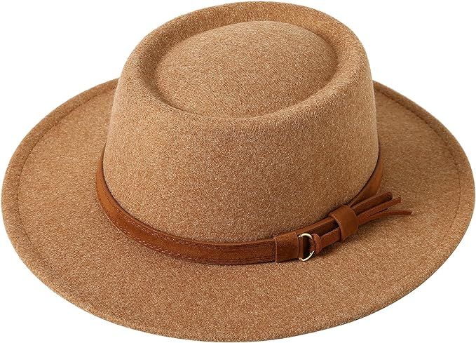 Lanzom Women Retro Felt Panama Hat with Belt Buckle Wool Wide Brim Fedora Hat | Amazon (US)