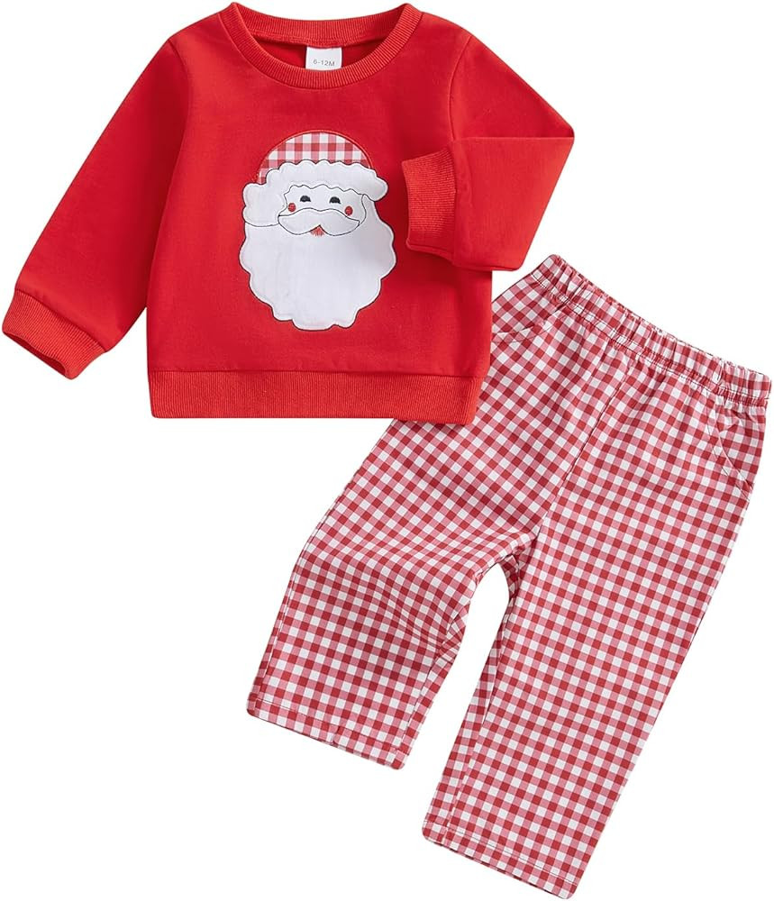SAYOO Christmas Outfit Toddler Boys Girls Firetruck/Santa Embroidered Sweatshirt Pullover Plaid G... | Amazon (US)