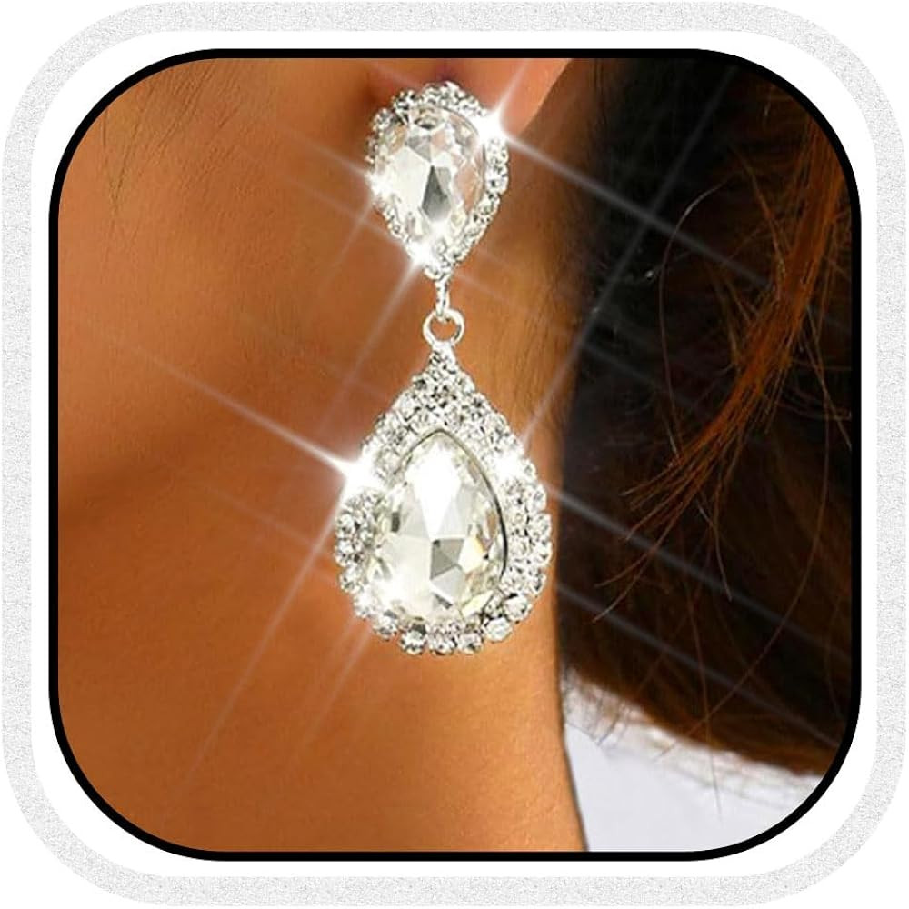 Unicra Silver Rhinestone Teardrop Earrings Crystal Wedding Bridal Dangle Earrings Prom Drop Earri... | Amazon (US)