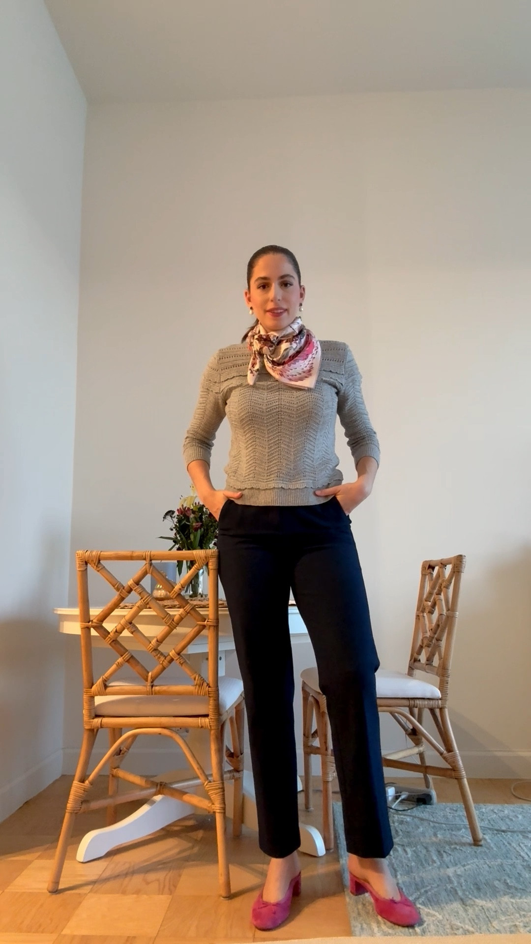 Office style, office outfit, business casual, workwear, lawyer, attorney, law firm, silk scarf, gray sweater, navy pants, work pants, comfortable work pants, pink mules, pink suede mules, fall office outfit, winter office outfit, what to wear to the office, corporate style, corporate fashion, corporate outfit, silk scarf, pink silk scarf, Hermes silk scarf 

#LTKWorkwear #LTKdayinmylife #LTKSeasonal