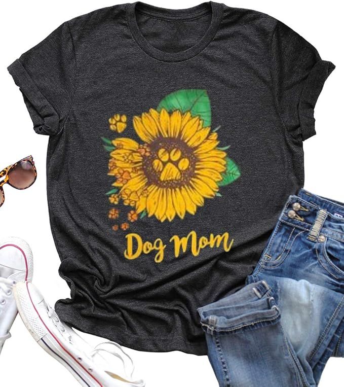 Dog Mom Shirt Tees for Women Letter Print Dog Lover Tees Sunflower Casual Short Sleeve Mom Gift T... | Amazon (US)