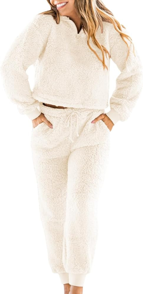 Lviefent Womens 2 Piece Fluffy Pajama Set Fleece Matching Sleepwear Lounge Set Outfit | Amazon (US)