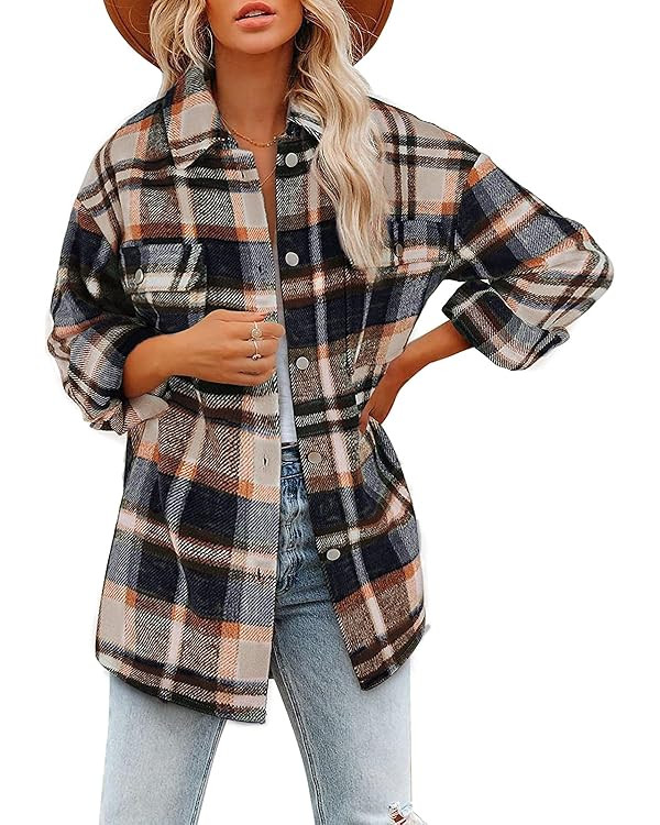 Beaully Women's Flannel Plaid Shacket Long Sleeve Button Down Shirts Jacket Coats with Side Pocke... | Amazon (US)