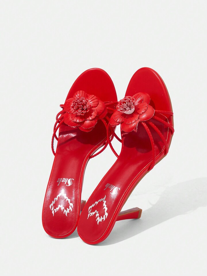 SHEIN ICON Women's Red Pu Leather Floral Decoration Round Toe High Heel Sandals Vacation Shoes Su... | SHEIN