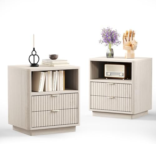 ROCSUMOO Fluted Nightstands Set of 2, Large Nightstand with Drawers and Storage Shelf - Wooden Ni... | Amazon (US)