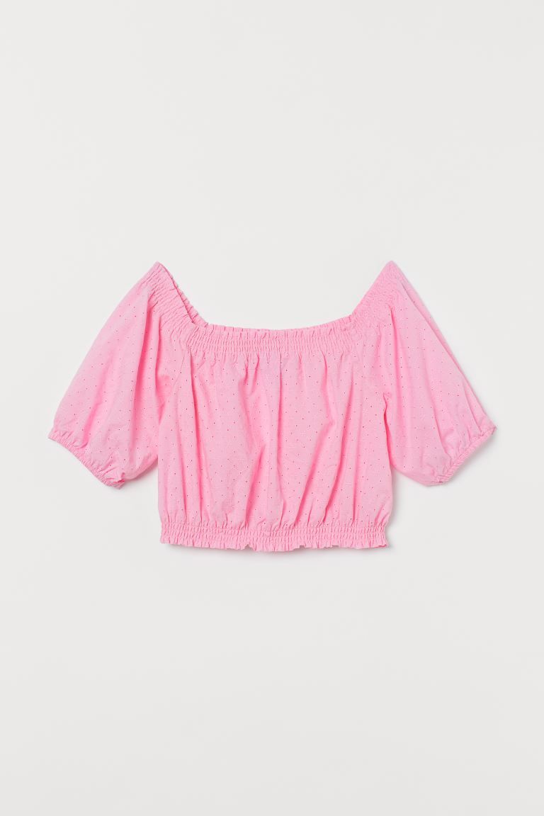 Short, off-the-shoulder top in woven cotton fabric with smocking at top and at hem. Short sleeves... | H&M (US + CA)